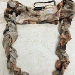 PrettyLittleThing Earthy Toned Ruffled Crop Top and matching mini skirt